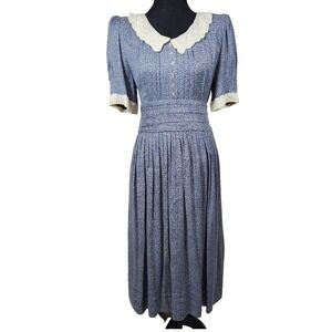 Sarah Elizabeth Blue Ditsy Floral Prairie Dress Lace Collar Midi Rayon Sz 8 VTG